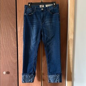 Denim Blvd Cropped Blue Jeans with Cuffed  Pearl Accents Size 11